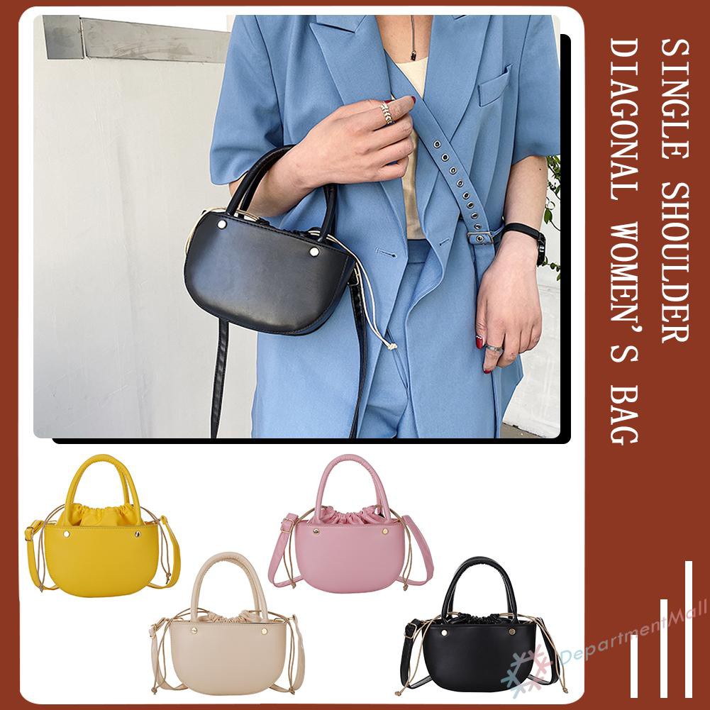 【High Quality】Fashion Women Drawstring Solid Color PU Shoulder Bag Top-handle Handbags