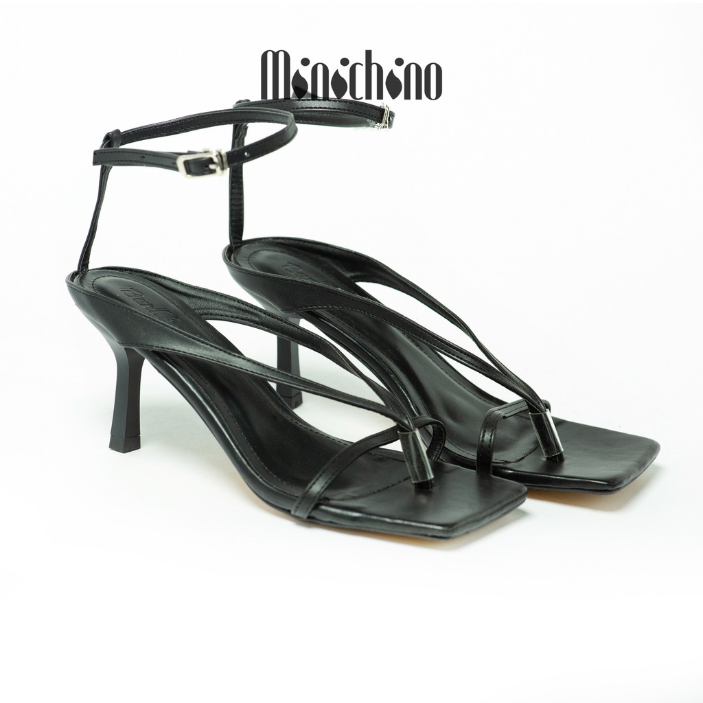 Giày cao gót nữ cao 7cm MINICHINO mũi vuông gót nhọn, phối dây thời trang màu đen TC013