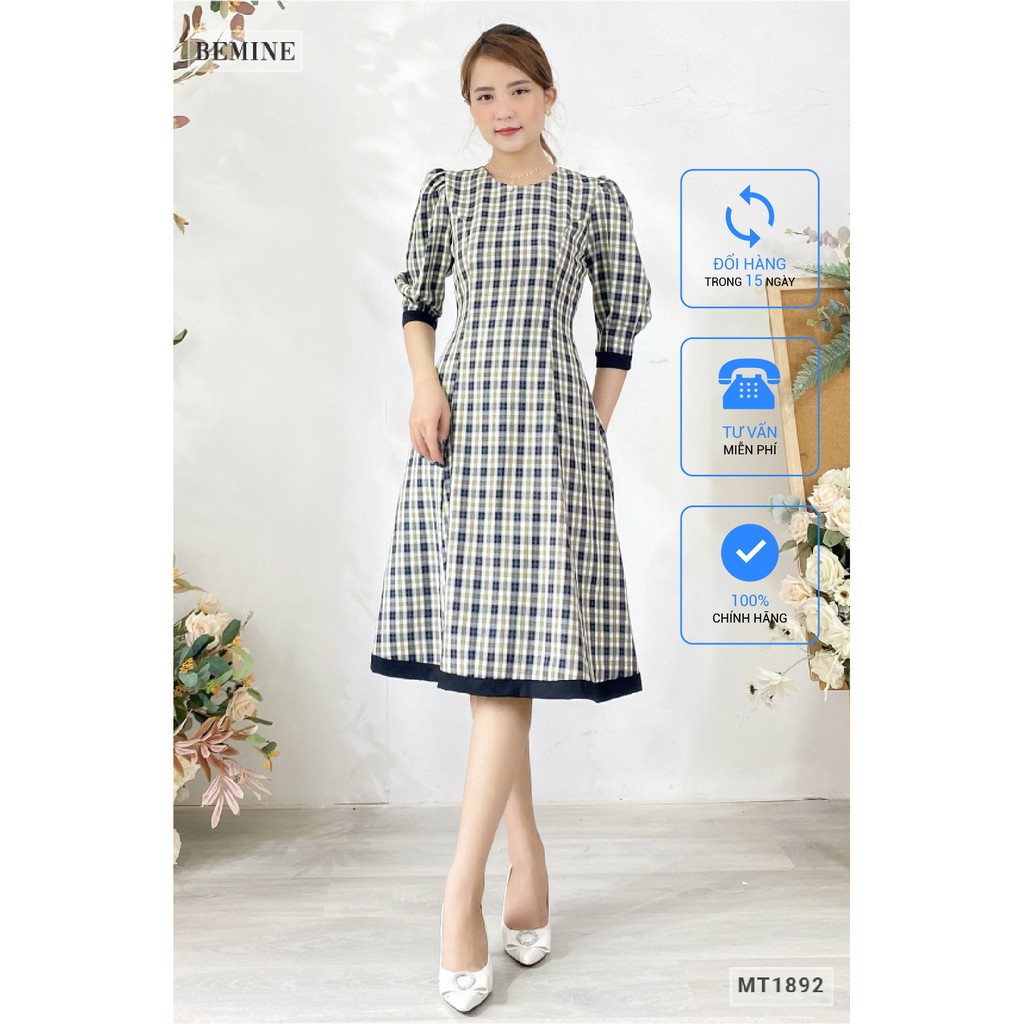 Đầm caro dáng xòe cổ điển BEMINE MT1892ĐEN