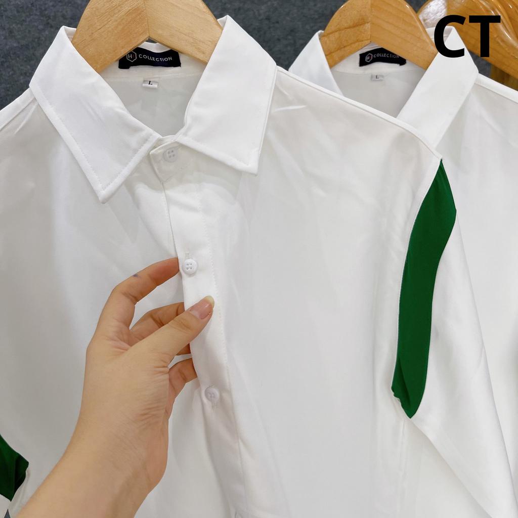Áo Sơ Mi Nam Dài Tay Trắng Phối Xanh Lá Chuẩn Form Lịch Lãm Sang Trọng Mặc Hằng Ngày - SM 358 DAI TAY PHOI XANH LA