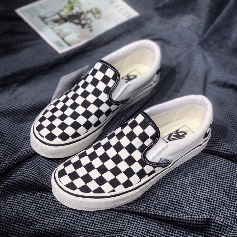 Giày Lười Slipon Nam Nữ - Giày Vans Caro Vải Đen Trắng Lót Da | BigBuy360 - bigbuy360.vn