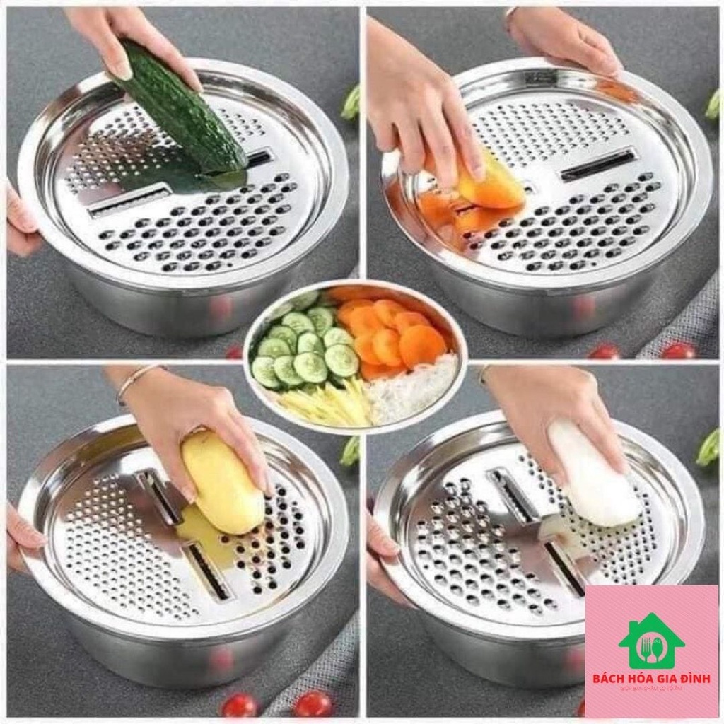 Bộ rổ chậu nạo rau củ inox đa năng 3 trong 1 tiện dụng nhà bếp