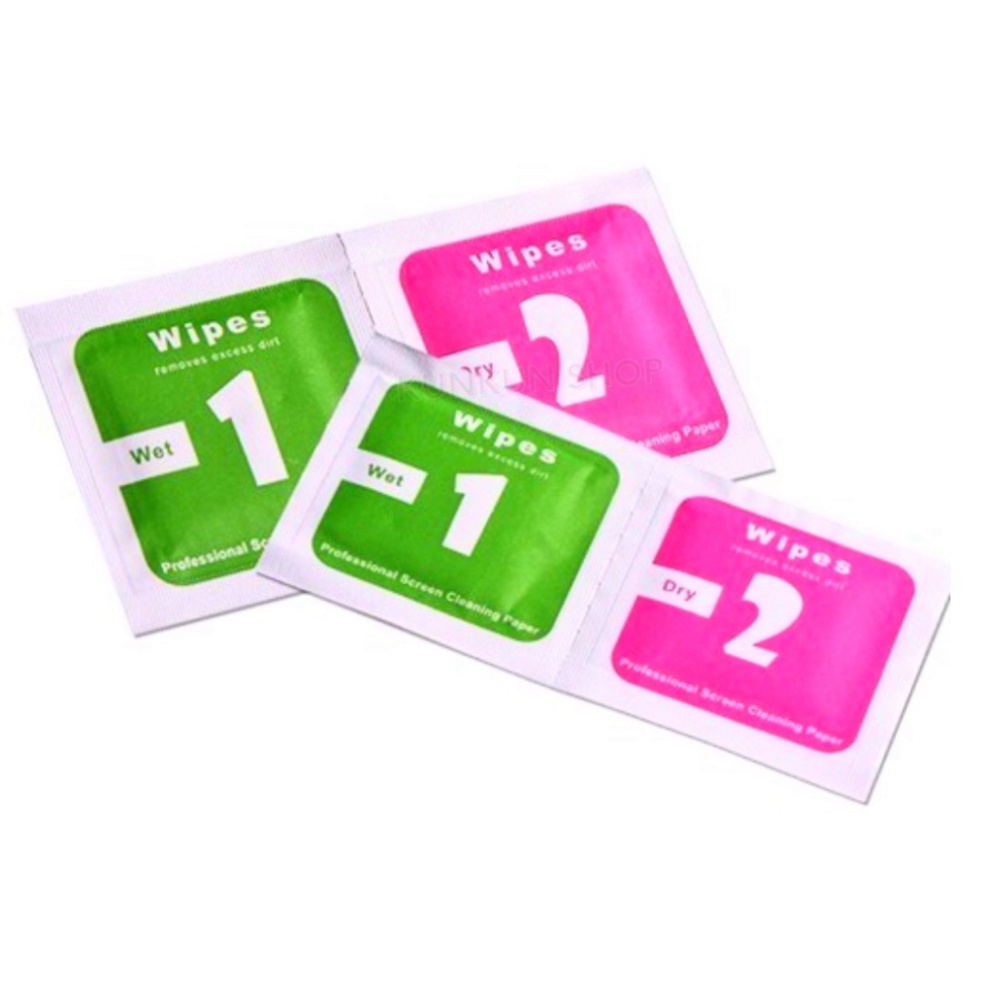 Khăn lau 1 và 2 mếng lau vệ sinh màn hình điện thoại trước khi dán kính cường lực điện thoại - Giấy lau kính sạch