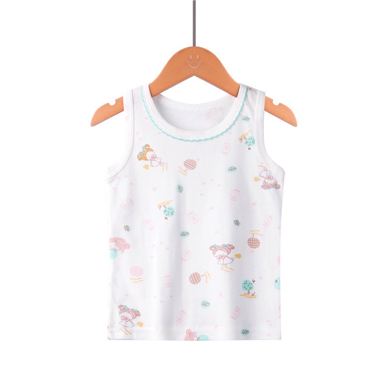 Stock 90-160cm children's pure cotton vest combed cotton girl child labor word back heart children's cartoon printed bottom shirt baby thin thread vest Korean children's clothing is light and soft