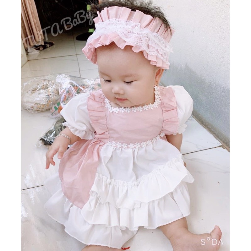 Váy Cho Bé Gái Lolita Hồng Dáng Xòe Kèm Turban Siêu Xinh FREESHIP, Váy Trẻ Em thiết kế TUTA Baby