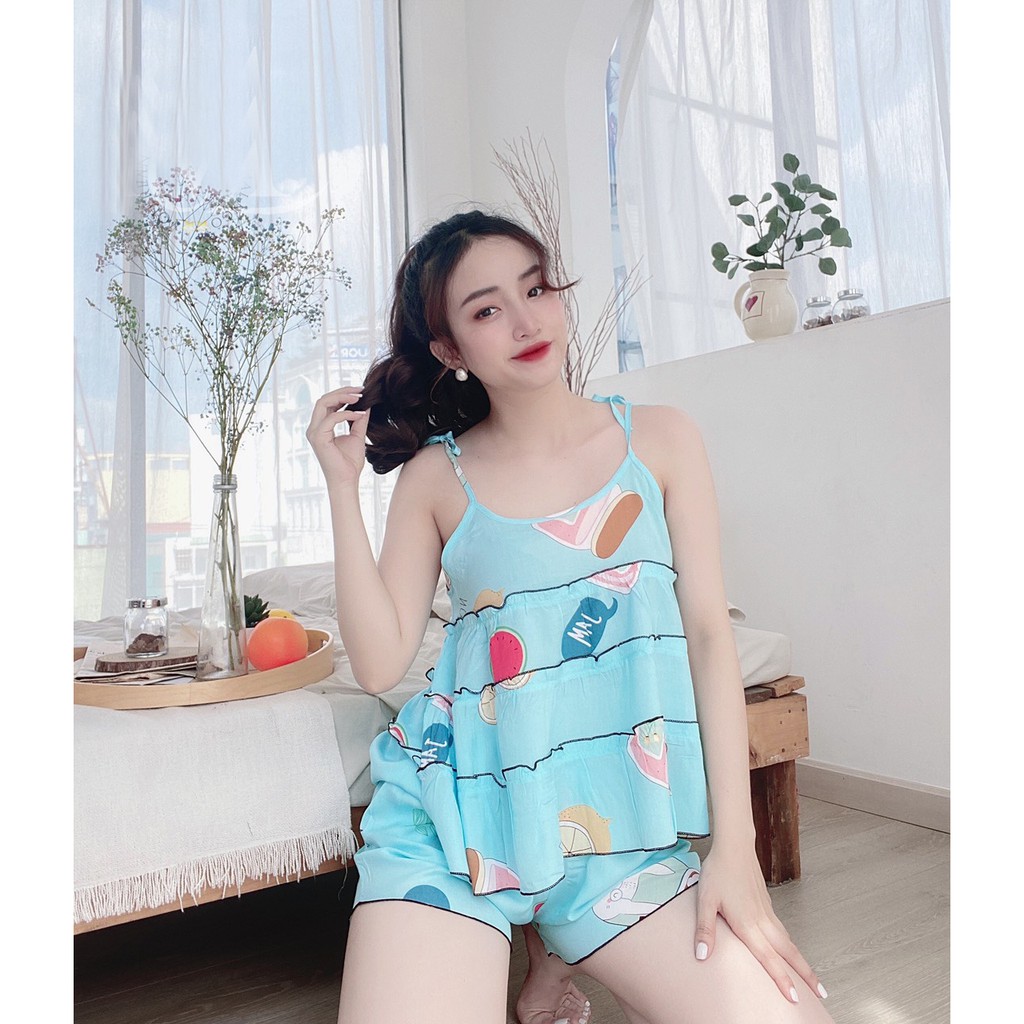 Bộ Ngủ Nữ Đùi, Áo Dây Sexy Chất Tole Lanh Thái, Mát, Mịn Nhẹ Nhàng, Vải Đẹp, May Kỹ Họa Tiết Dưa Hấu MẦU XANH