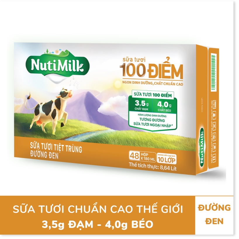 Lốc 4 Hộp NutiMilk Sữa tươi 100 điểm - Sữa tươi tiệt trùng đường đen 180ml - NUTIFOOD - CIRINO