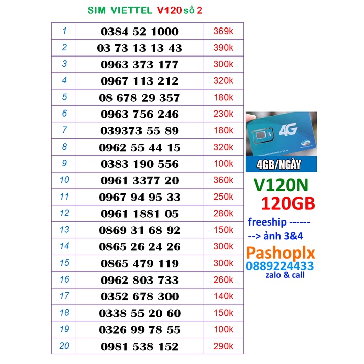 Sim v120N 10 số 4g viettel 2 (120Gb nghe gọi miễn phỉ chỉ 120k mỗi tháng).