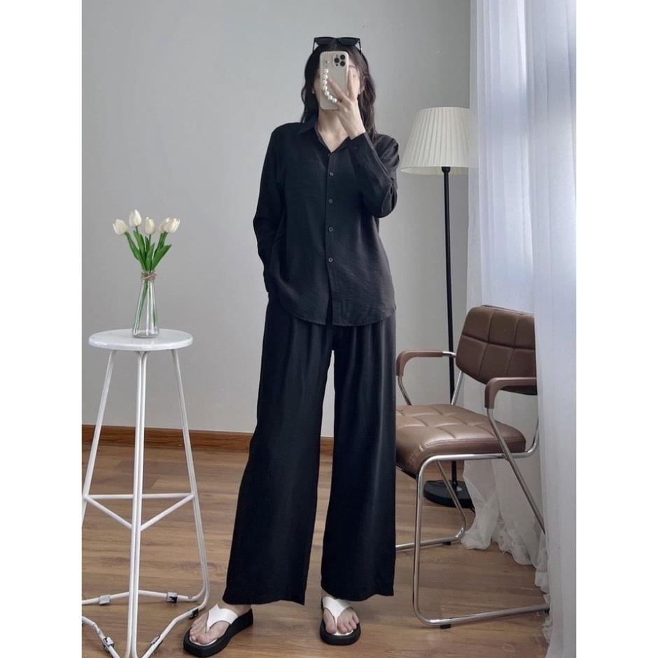 Set Bộ Đũi Tiểu Thư Áo Trắng Dài Tay và Quần Suông đũi - Hàng Thiết Kế Size S M,L XL