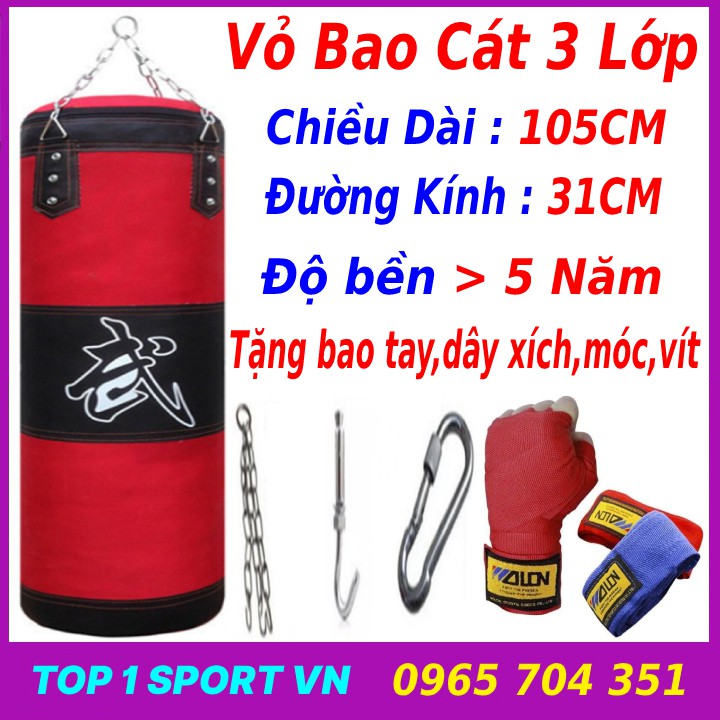 Vỏ bao cát boxing đấm bốc chiều dài 105cm, Ø=31cm, vỏ bao dày 3 lớp + Găng tay boxing Zoobo hổ vằn + băng đa cuốn tay