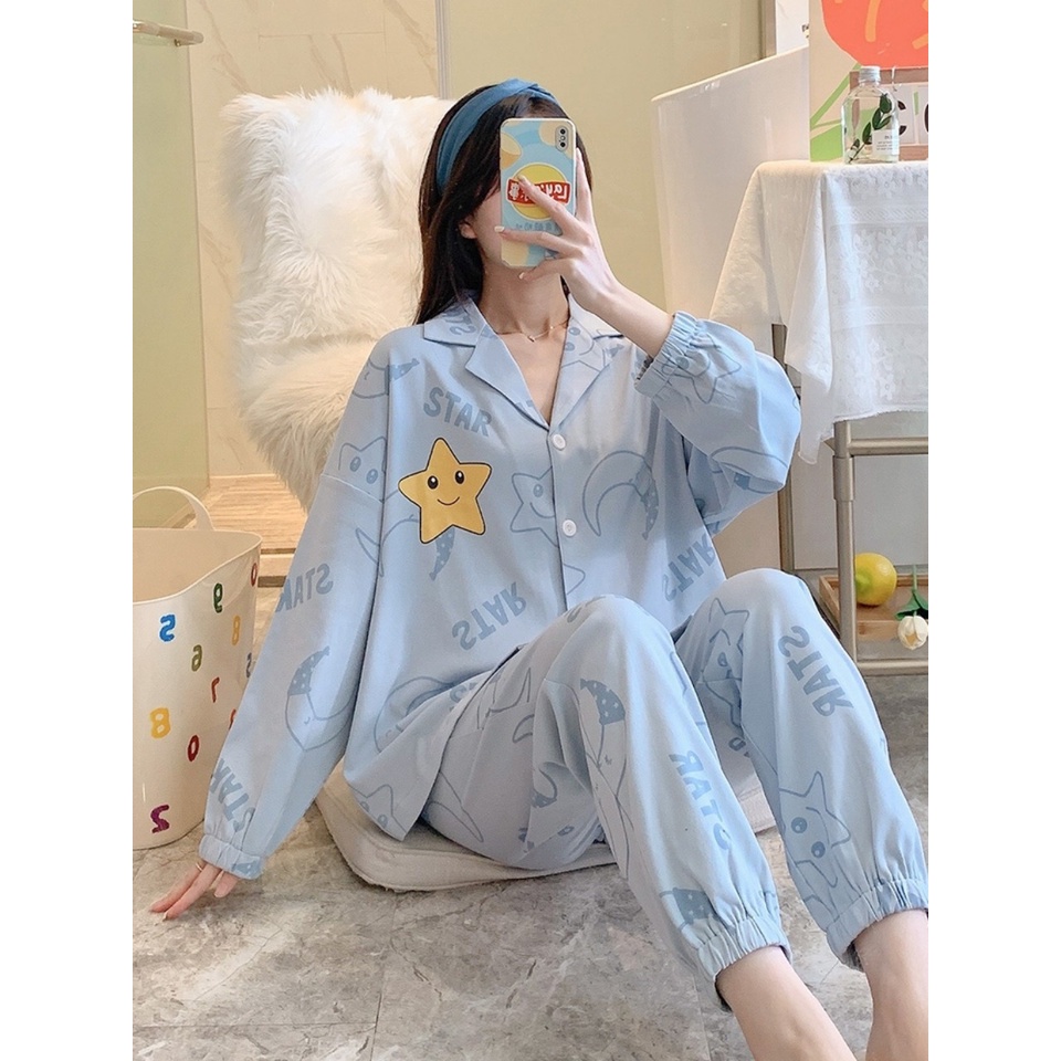 BỘ ĐỒ NGỦ NỮ MẶC NHÀ DÀI TAY COTTON ULZZANG CAO CẤP HOT 2021