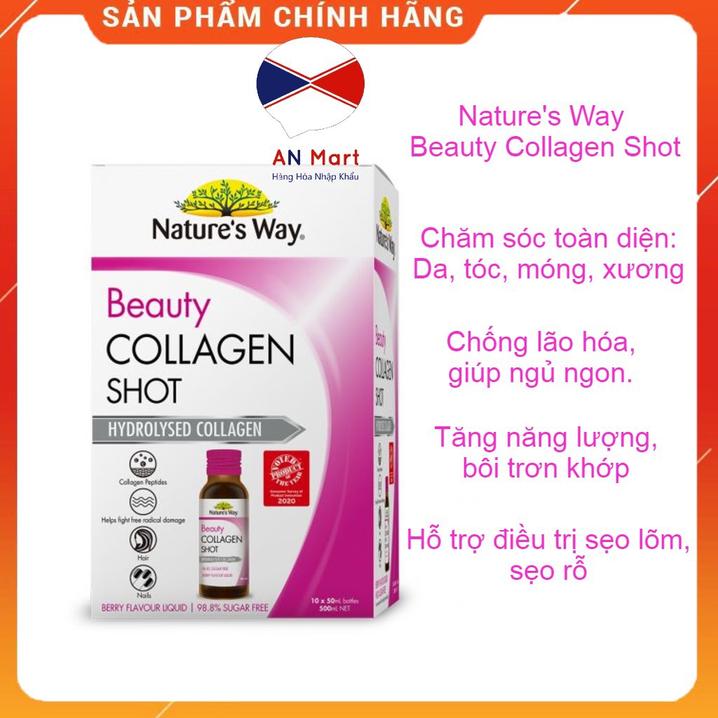 Collagen Nature Way, Beauty Collagen Shot Dạng Nước Hộp 10 Chai x 50ml Nhập Khẩu Úc