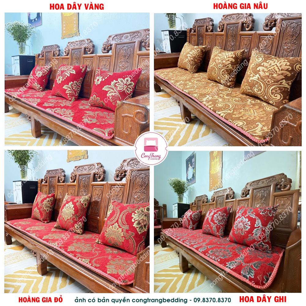 Thảm trải ghế phòng khách, trọn bộ đệm ghế sofa, thảm trải ghế gỗ, gối tựa thêu vi tính vải gấm cao cấp