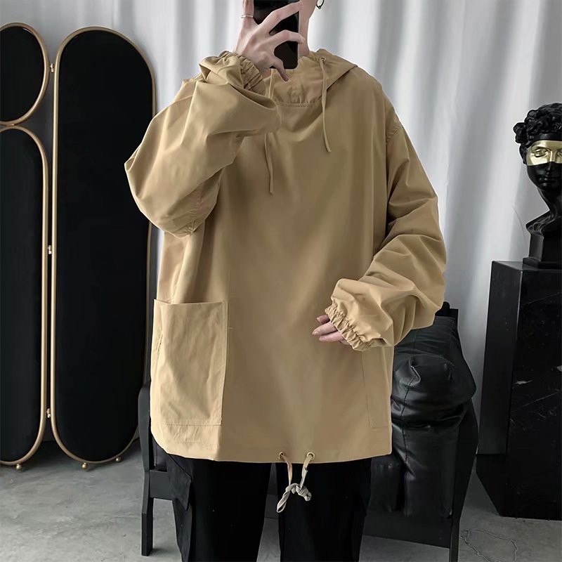 European and American fashion men's long-sleeve long-sleeved jacket with wide hood 2 large pockets