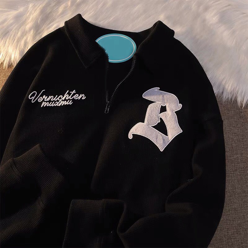 Áo polo bo tàu thêu Ddos [FREESHIP] Nỉ form rộng tay dài kiểu dáng vintage cổ bẻ khóa zip cá tính hàn quốc peonyb ulzzan