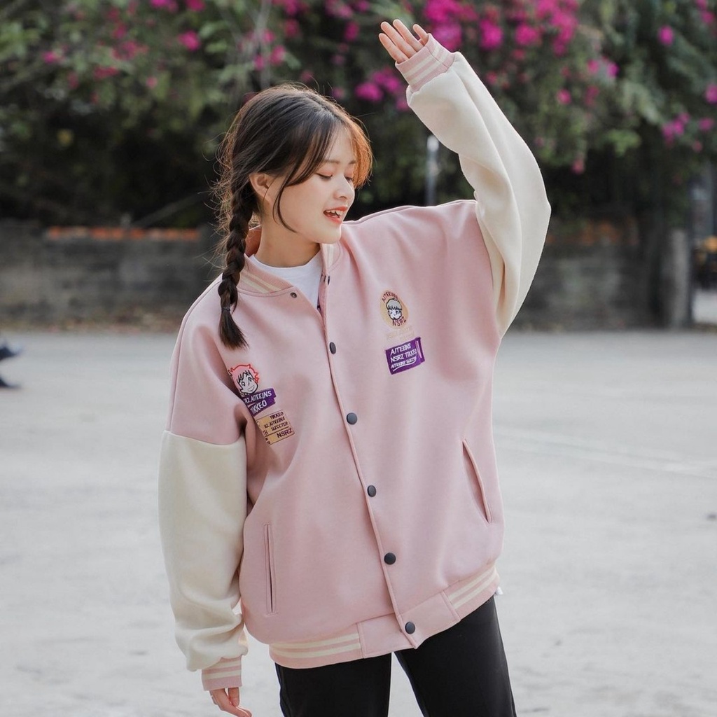 Áo Khoác Bomber TIKKEO Thêu Logo Nổi Phối Nút Bấm Vải Nỉ Lót Dù Form Rộng Ulzzang Unisex