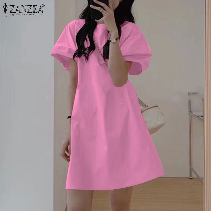 Đầm ZANZEA tay phồng ngắn màu trơn dáng rộng thời trang cho nữ