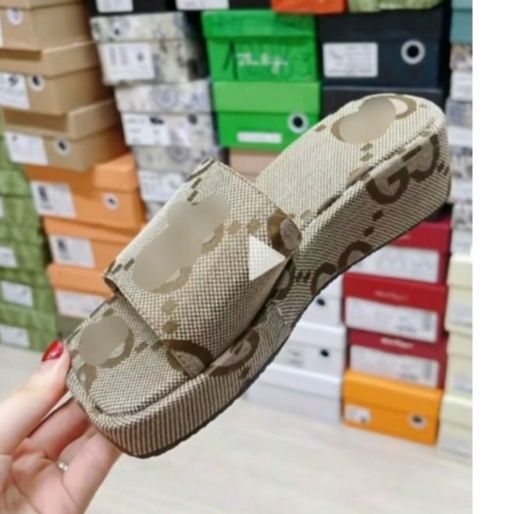 Dép Bánh mỳ đế Xuồng GG chữ to bọc vải canvas nâu tây hot trend