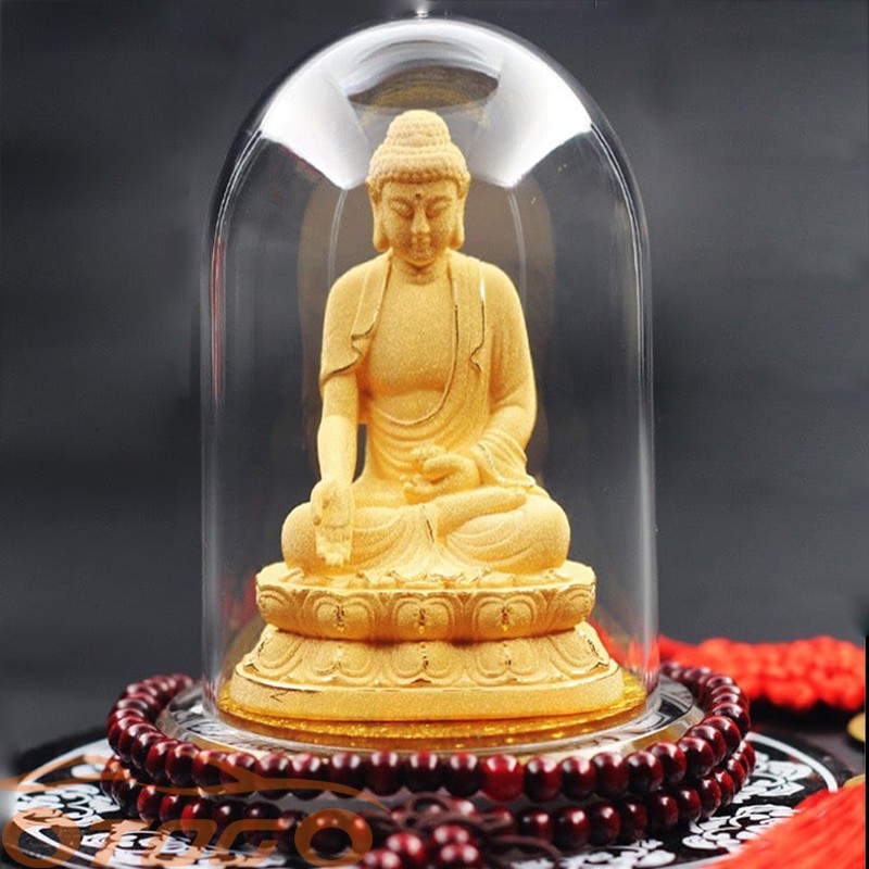 Tượng Đức A Di Đà Nhung Vàng Kim Sa Cao Cấp , Tượng Adida Trong Hộp Kính Để Taplo Xe Hơi