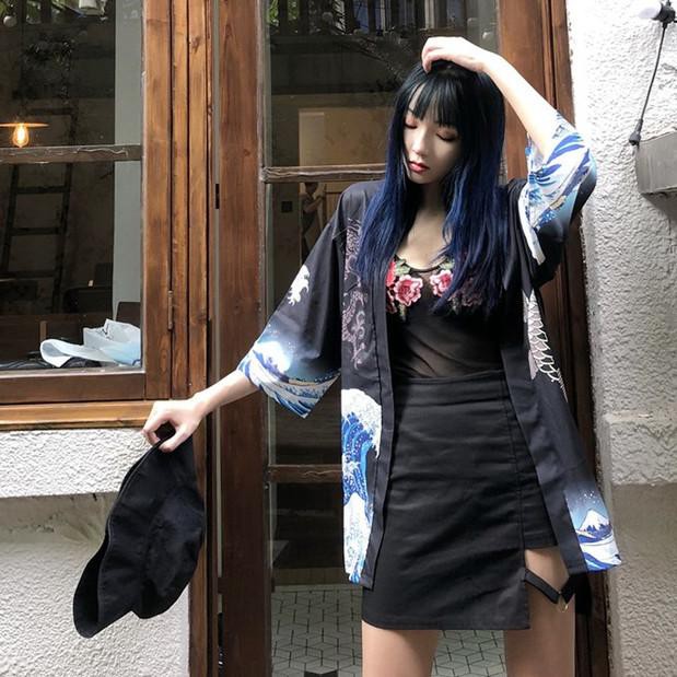 Áo Kimono Vải Satin Dáng Rộng In Họa Tiết Yukata Happi Nhật Bản Thời Trang