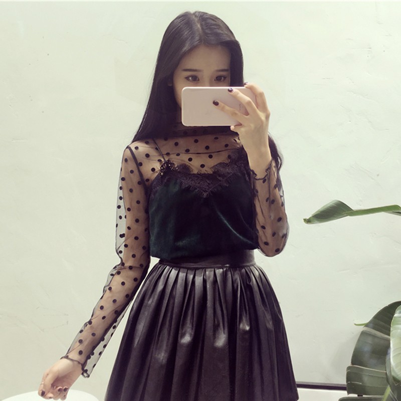 Women Mesh T-shirts Long Sleeve Tops Hot Sexy High Neck Black Lace Bottoming Shirts Punk Chic T Shirt Women