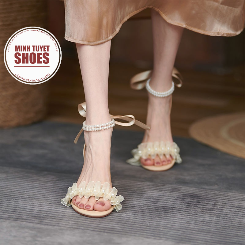 sandal nữ cao gót 6cm-7cm  minhtuyetshoes quai ngang đính ngọc giày dự tiệc mẫu mới