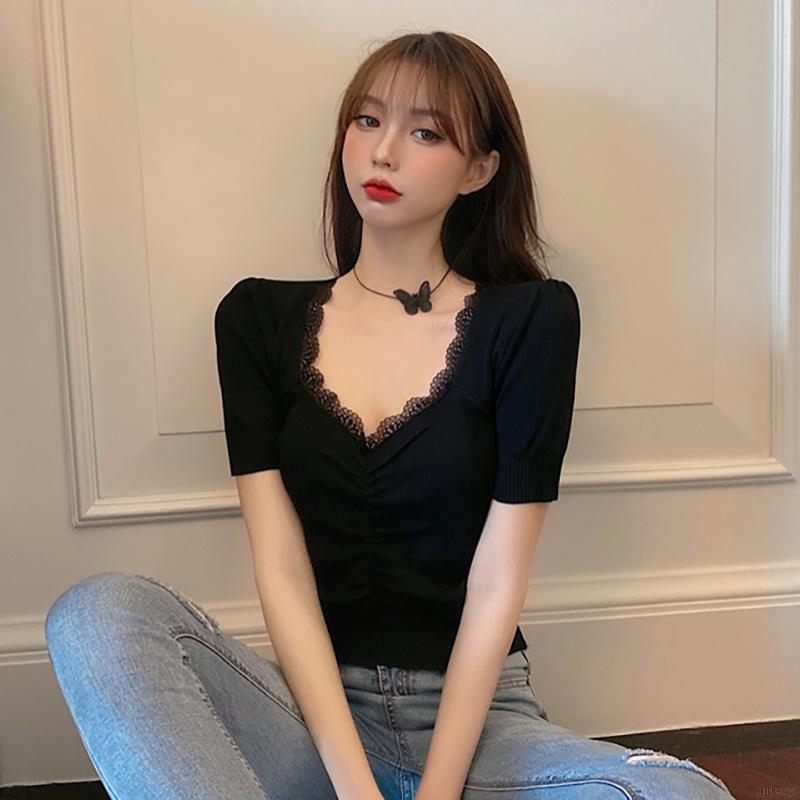 Áo Dệt Kim Màu Trơn Tay Phồng Cổ Viền Ren Phong Cách Hàn Quốc Nữ Tính | BigBuy360 - bigbuy360.vn