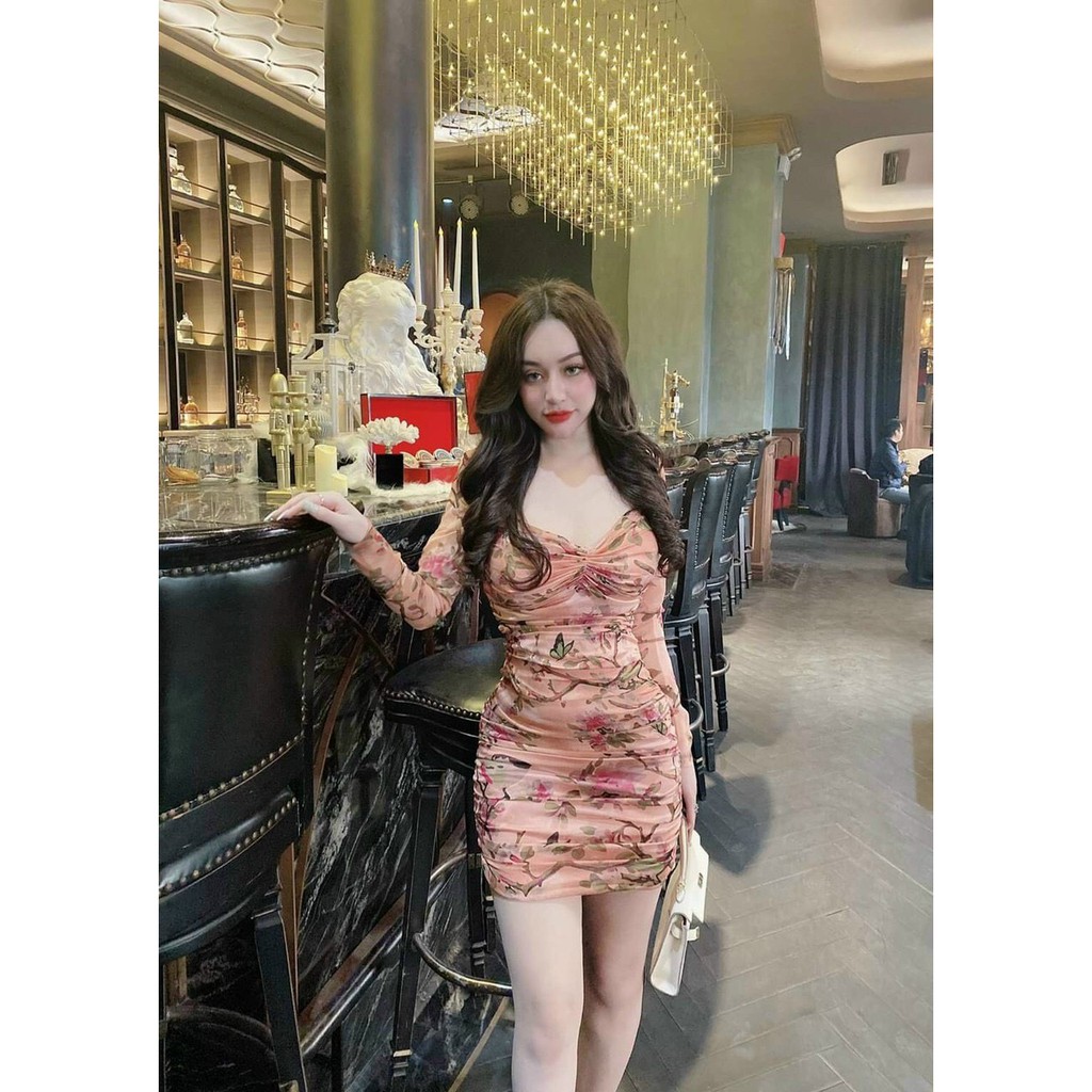 Đầm nữ body trễ vai tay dài họa tiết hoa lá  thời trang nữ Arava t70