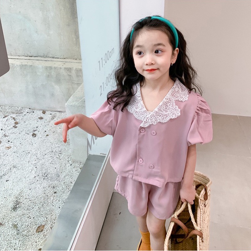 Bộ Áo Tay Phồng Ngắn Cổ Ren + Quần Short Thời Trang Hàn Quốc Cho Bé Gái