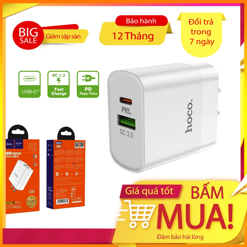 Củ sạc IP - Chính hãng Hoco 02 cổng PD 20w, củ sạc nhanh IP 8 X 11 12 13 pro max
