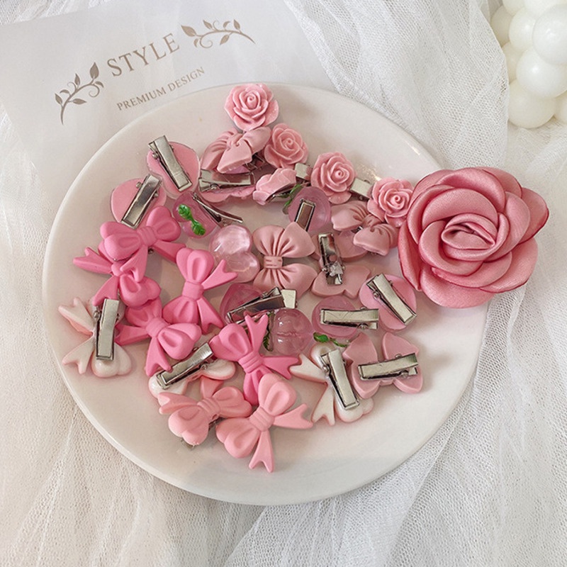 Kẹp Tóc Hình Trái Tim/Hoa Trà/Quả Đào Màu Hồng Xinh Xắn
