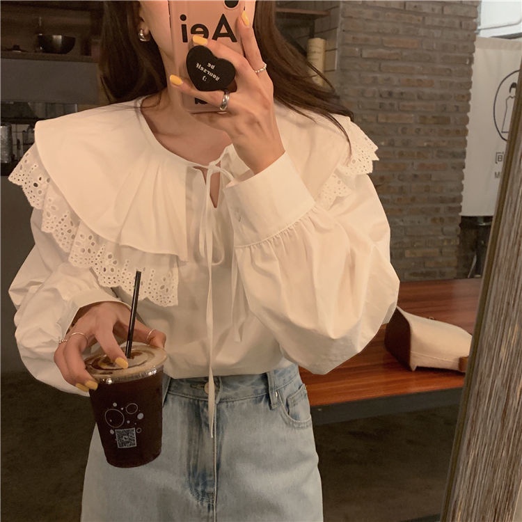 Áo kiểu cổ búp bê viền bèo thời trang ngọt ngào 2021 dành cho nữ