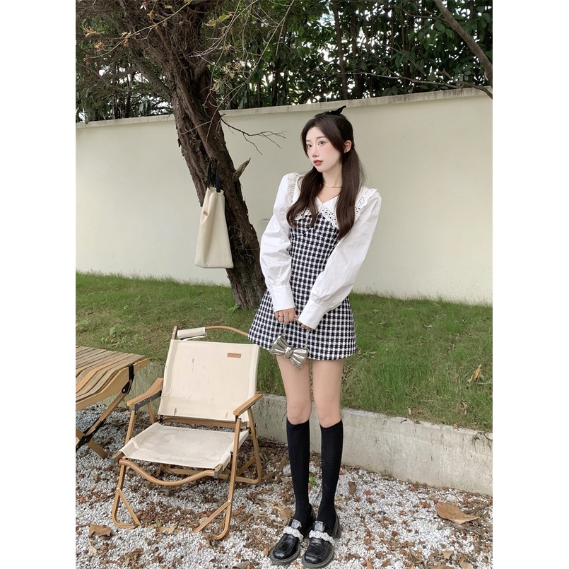 💙 Váy nữ dài tay kẻ caro phối cổ ren nữ tính - V07