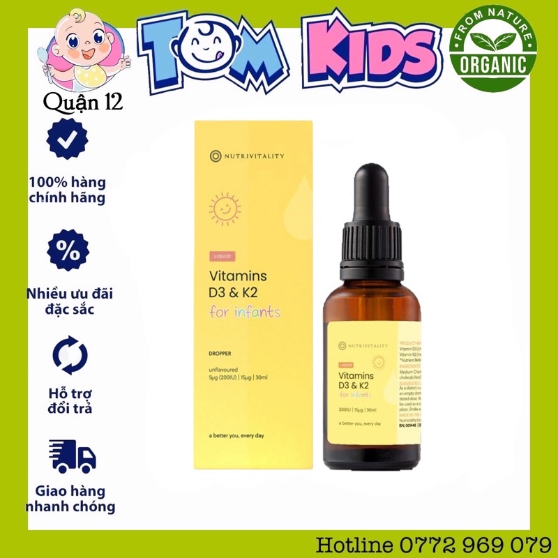 Vitamin D3 K2 MK7 của Anh quốc dạng giọt, tăng chiều cao cho trẻ sơ sinh và cho bé - 30ml (Date2024)