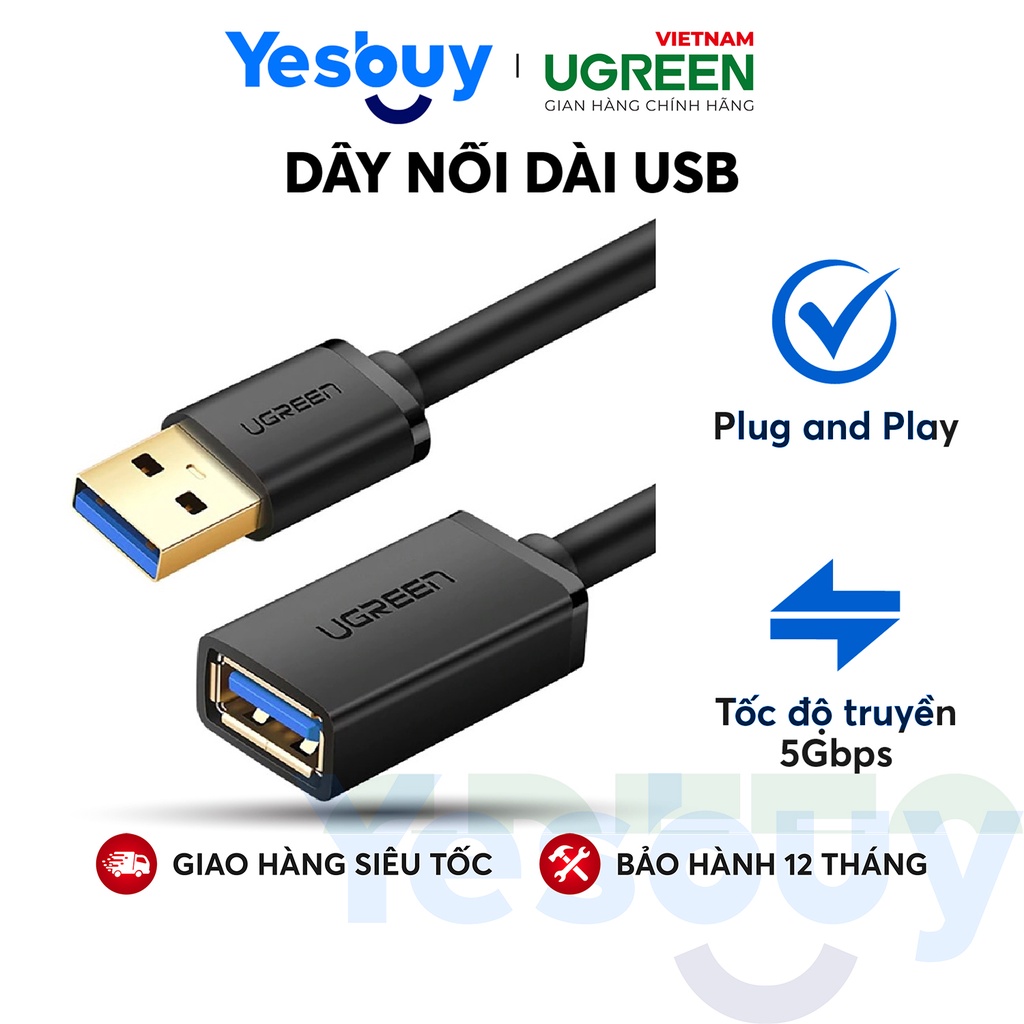 Dây nối dài USB 3.0 mạ vàng dài từ 1-3m UGREEN US129 dây dạng dẹt và tròn