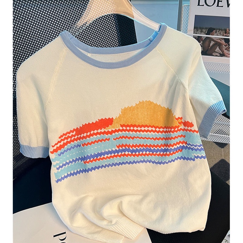 Áo Sweater Tay Ngắn Dáng Rộng Thời Trang Mùa Hè Hàn Quốc Màu Sắc Độc Đáo