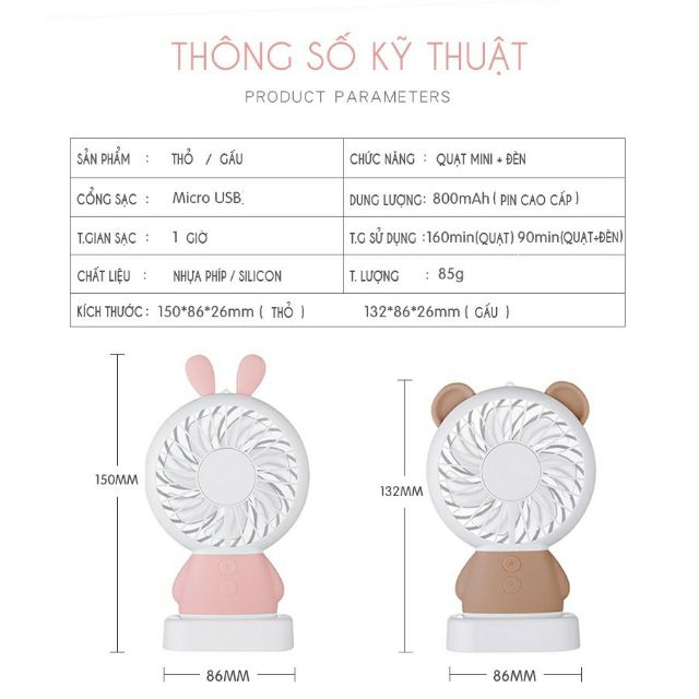 Quạt mini cầm tay tai thỏ siêu dễ thương - quạt tích điện