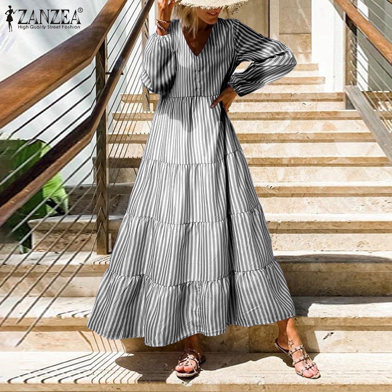 Đầm Zanzea dáng dài tay dài cổ chữ V họa tiết kẻ sọc in ấn độc đáo thời trang cho nữ