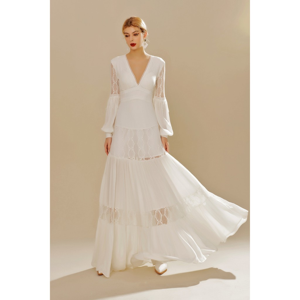 SÒ VINTAGE - ZANE Đầm maxi xô cổ V tay dài phối ren