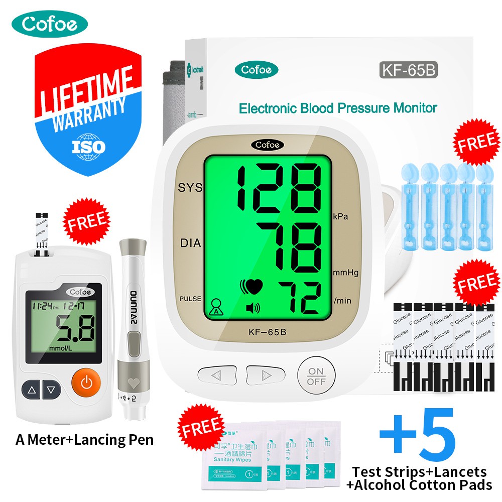 Cofoe Bộ máy đo đường huyết và huyết áp điện tử sạc USB với đèn nền 3 màu