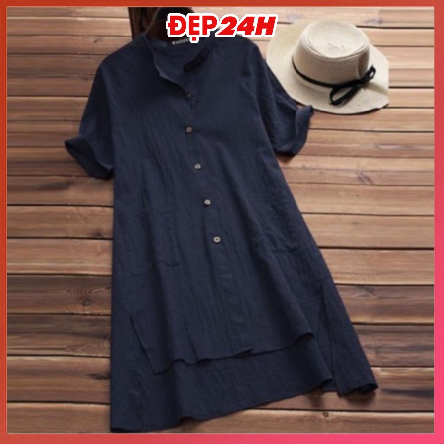 Sơ mi váy sang chảnh, form dài rộng giấu quần, chất liệu Đũi siêu xinh, áo kiểu váy chùm mông Đẹp 24 giờ - AKH.35 | BigBuy360 - bigbuy360.vn