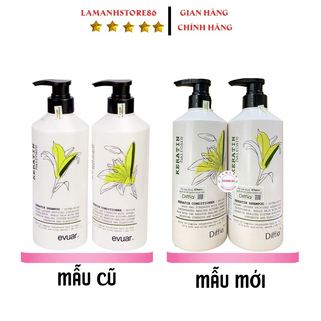 Dầu Gội Evuar keratin kiềm dầu siêu phục hồi tóc yêu nát mềm mượt chống rụng tóc hương thơm nước hoa cặp 785mlchính hãng