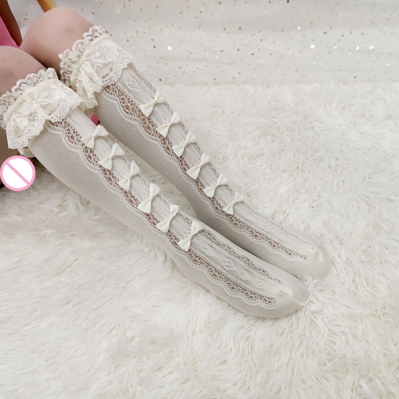 Đôi Vớ Phối Ren Rỗng Dài Đến Đầu Gối Đính Nơ Phối Bèo Nhún Hóa Trang Cô Hầu Gái Anime Lolita Nhật Bản