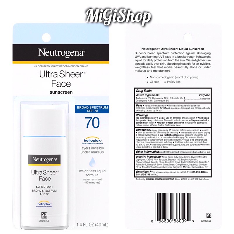 [Hàng Mỹ] Kem Chống Nắng Cho Da Mặt Neutrogena Ultra Sheer Face Sunscreen SPF70 40ml