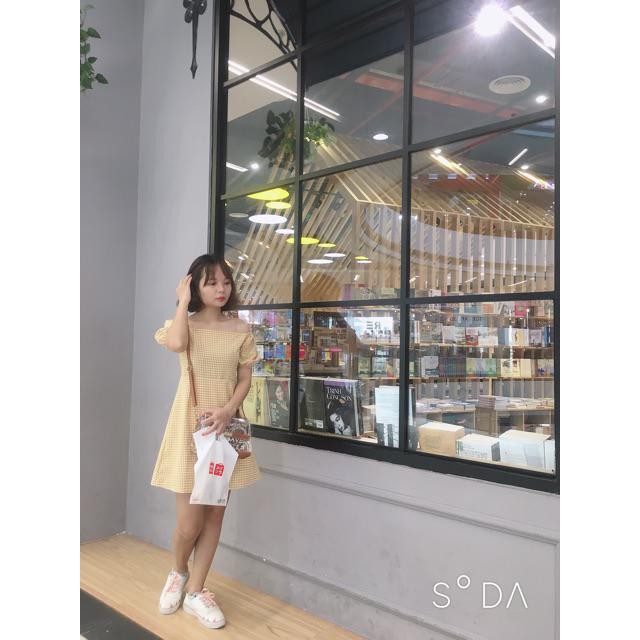 Đầm Nữ Caro Vàng Trễ Vai