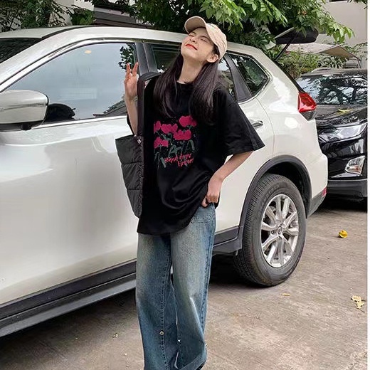 Áo thun SUXI tay ngắn dáng rộng in họa tiết phong cách Hàn Quốc thời trang dành cho nữ