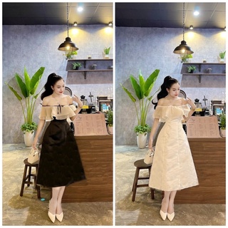 Đầm xoè trễ vai phối tơ organza dự tiệc màu đen