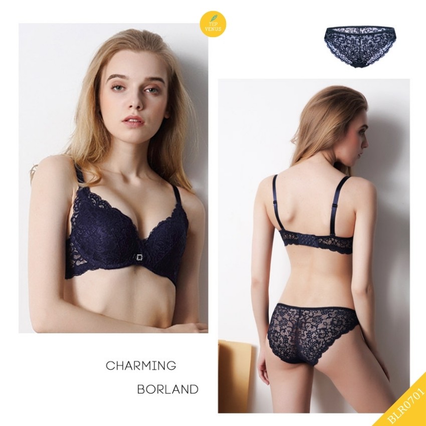 Bộ Đồ Lót Ren Không Gọng Đệm Mỏng Vừa 2,5cm Đính Đá Ngực Sexy Tep Venus BLR0701