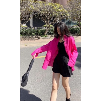 Áo sơ mi trơn tay dài form rộng màu hồng đậm trendy xinh xỉu 😍