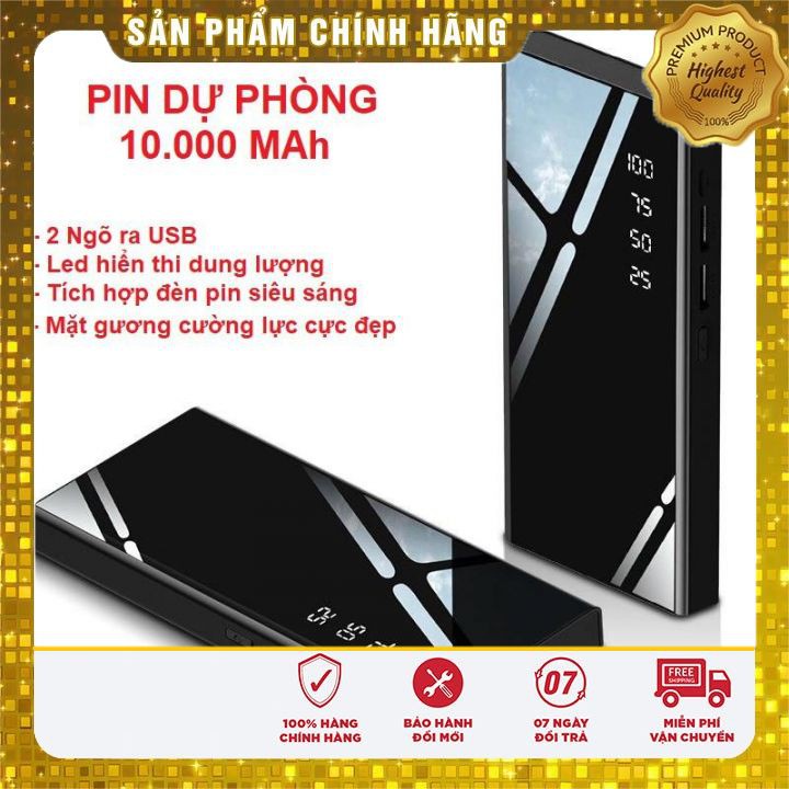 ⚡BẢO HÀNH 12 THÁNG⚡ Sạc dự phòng mặt kính đen LCD hiển thị phần trăm pin, 2 cổng USB có đèn pin tiện lợi